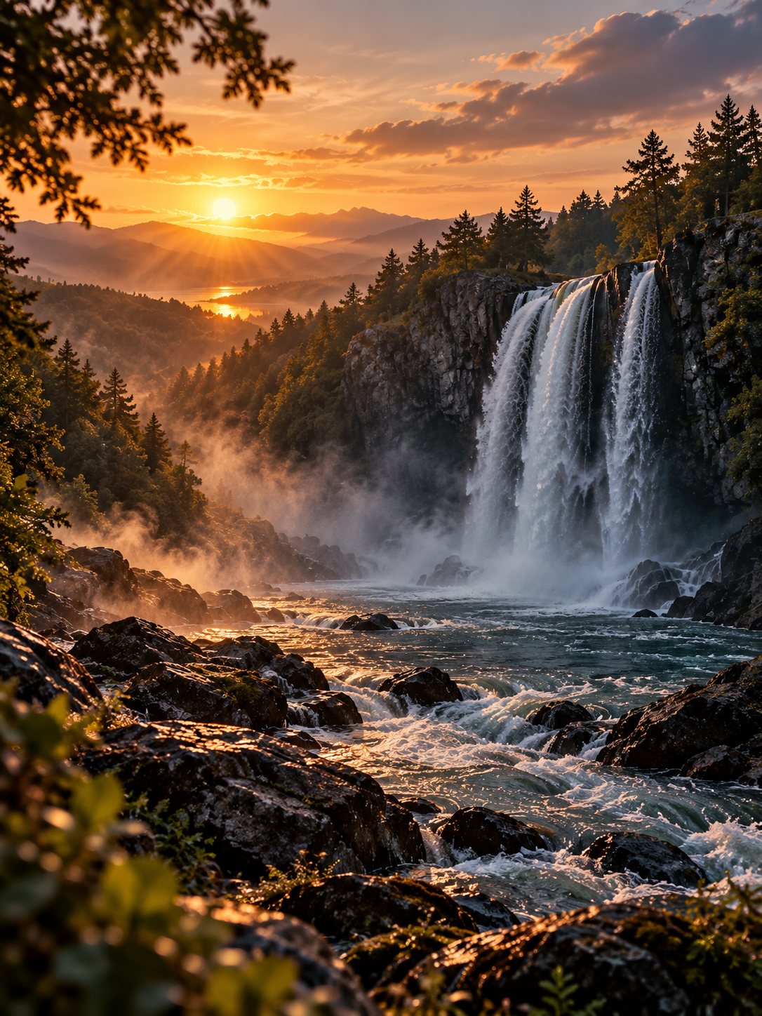 A waterfall pouring into a misty river at sunset